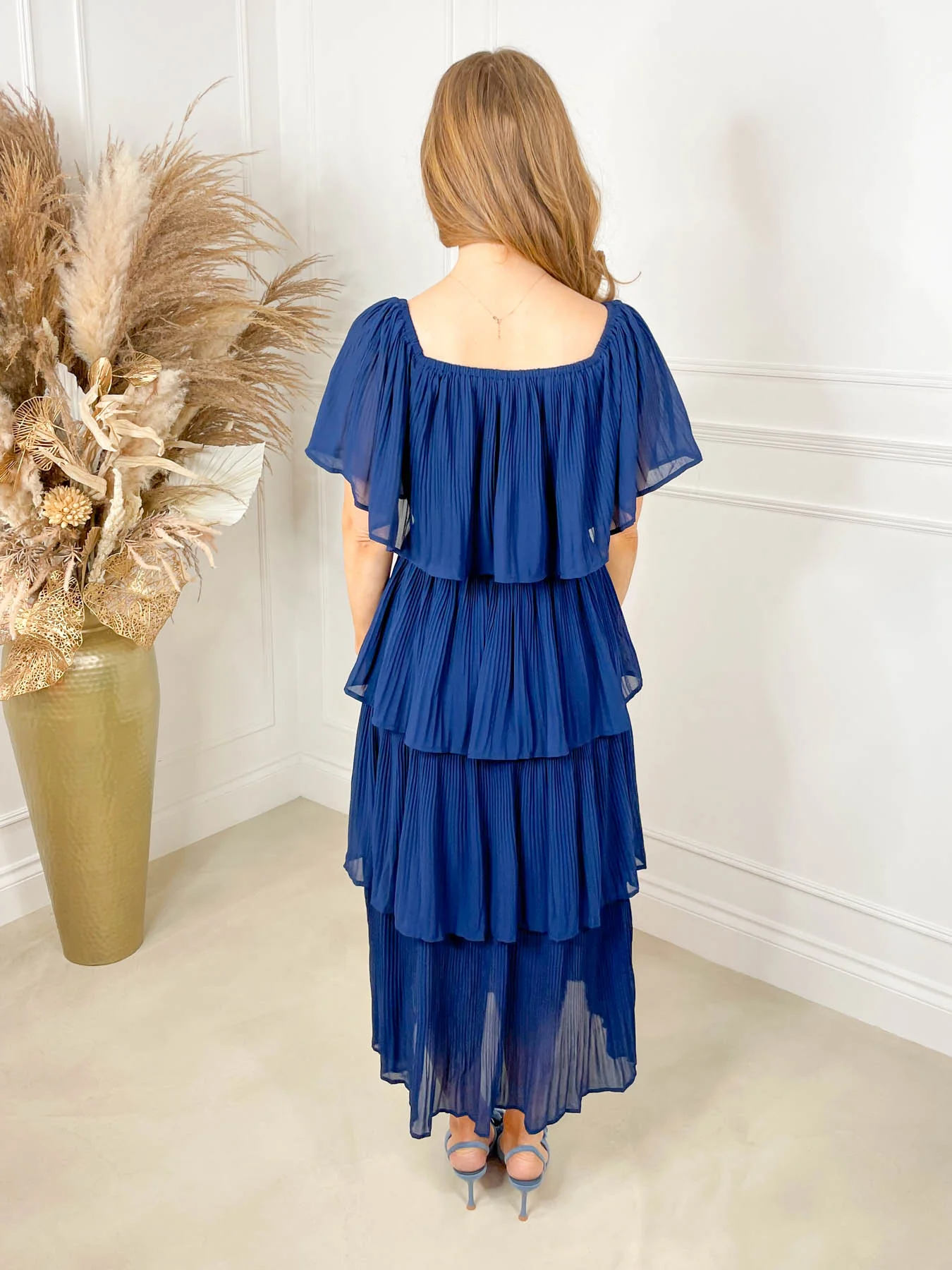 Athena Frill Bardot Midi Dress - Navy - Image 6
