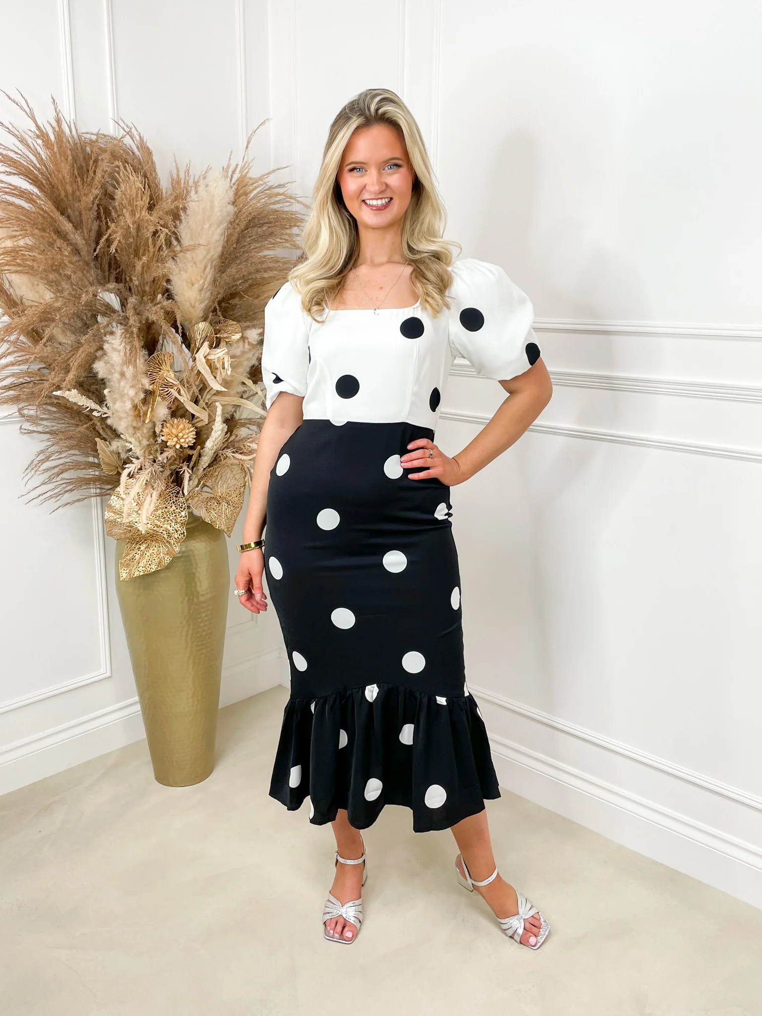 Audrey Puff Sleeve Midi Dress - Monochrome Polka Dot - Image 5