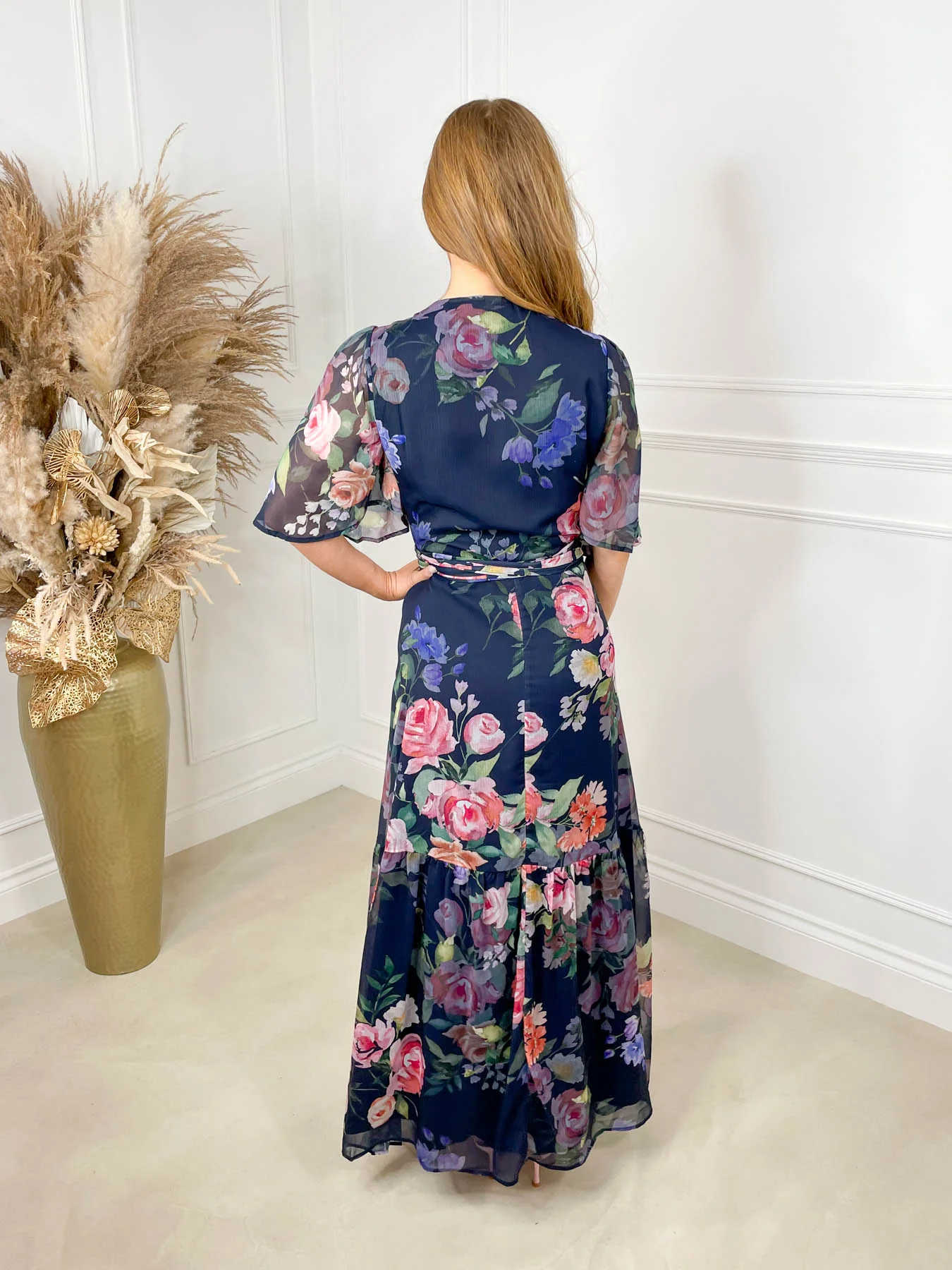 Ayame Flutter Sleeve Wrap Dress BY HOPE & IVY- Navy Floral - Image 6