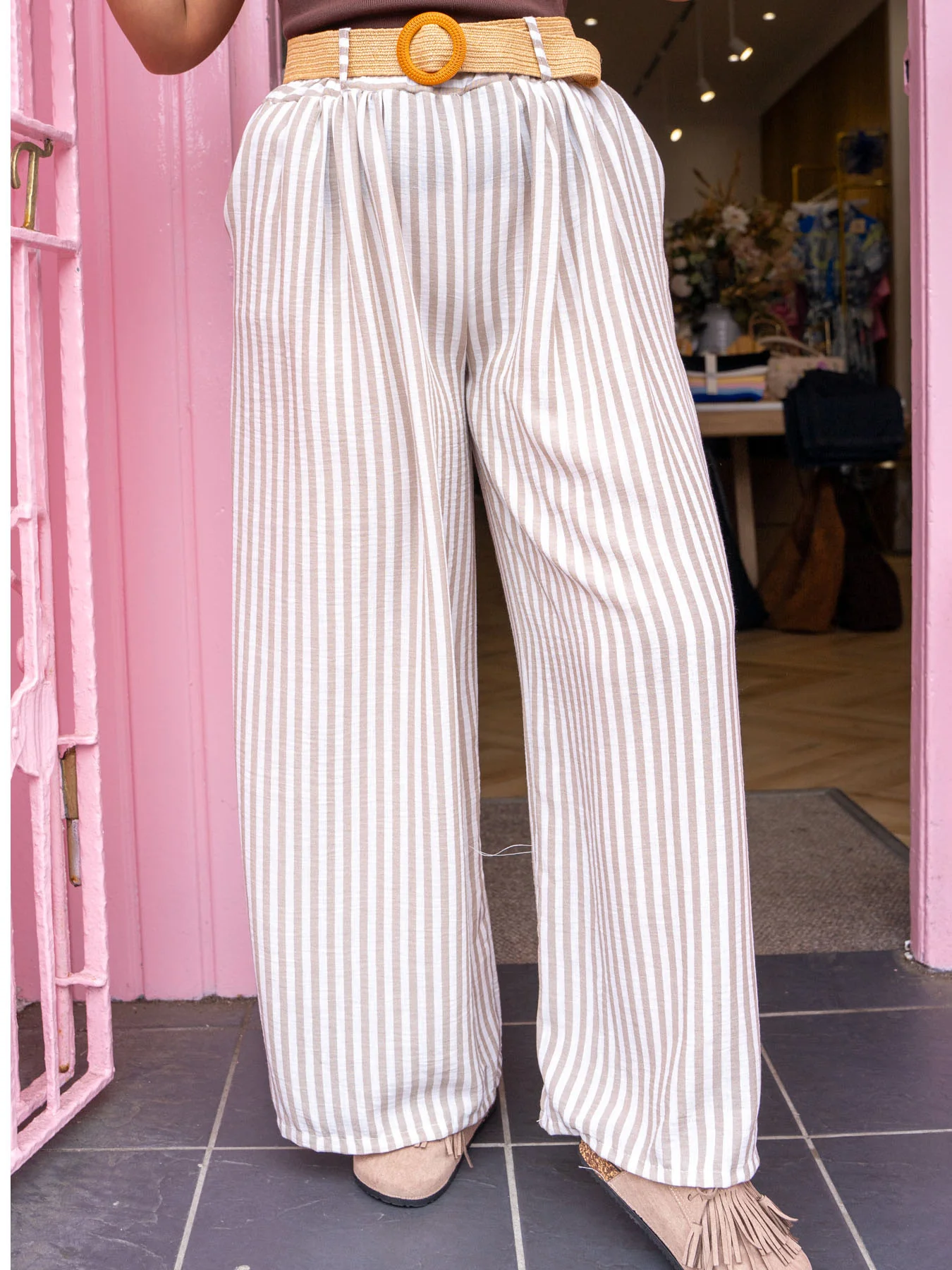 Brennan Belted Trouser - Beige Stripe - Image 2