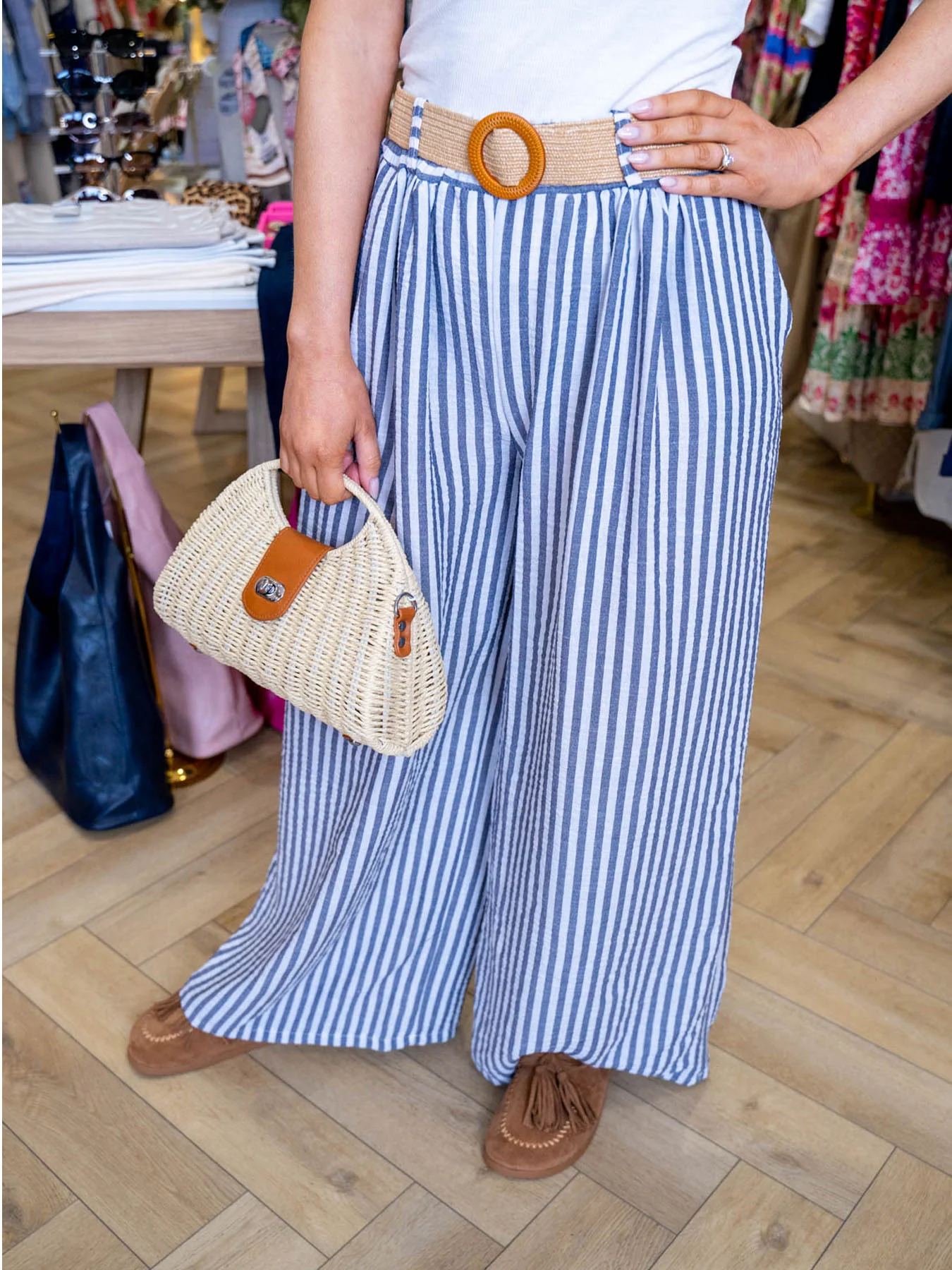Brennan Belted Trouser - Navy Stripe - Image 4