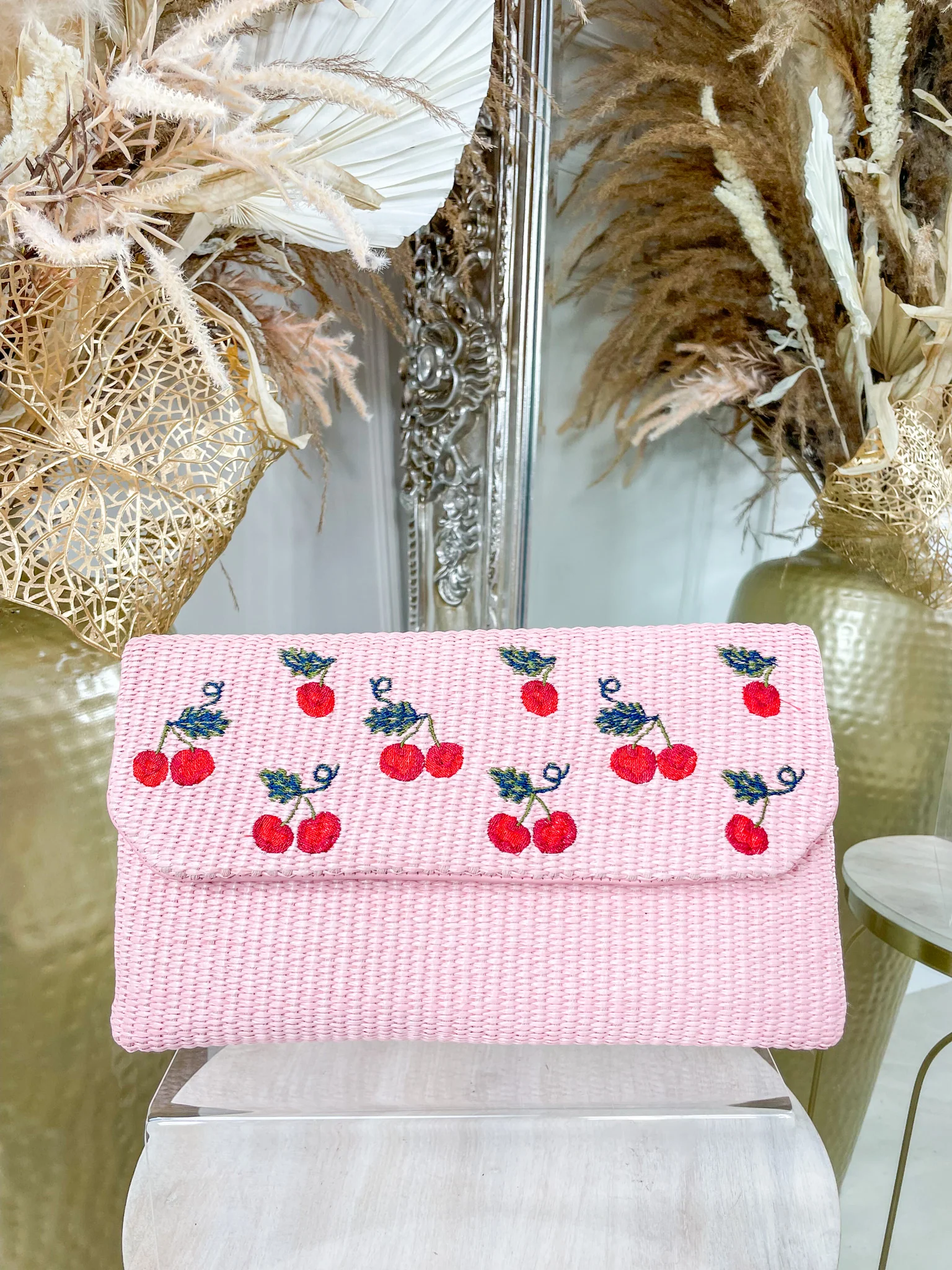 Cherry Woven Clutch - Pink