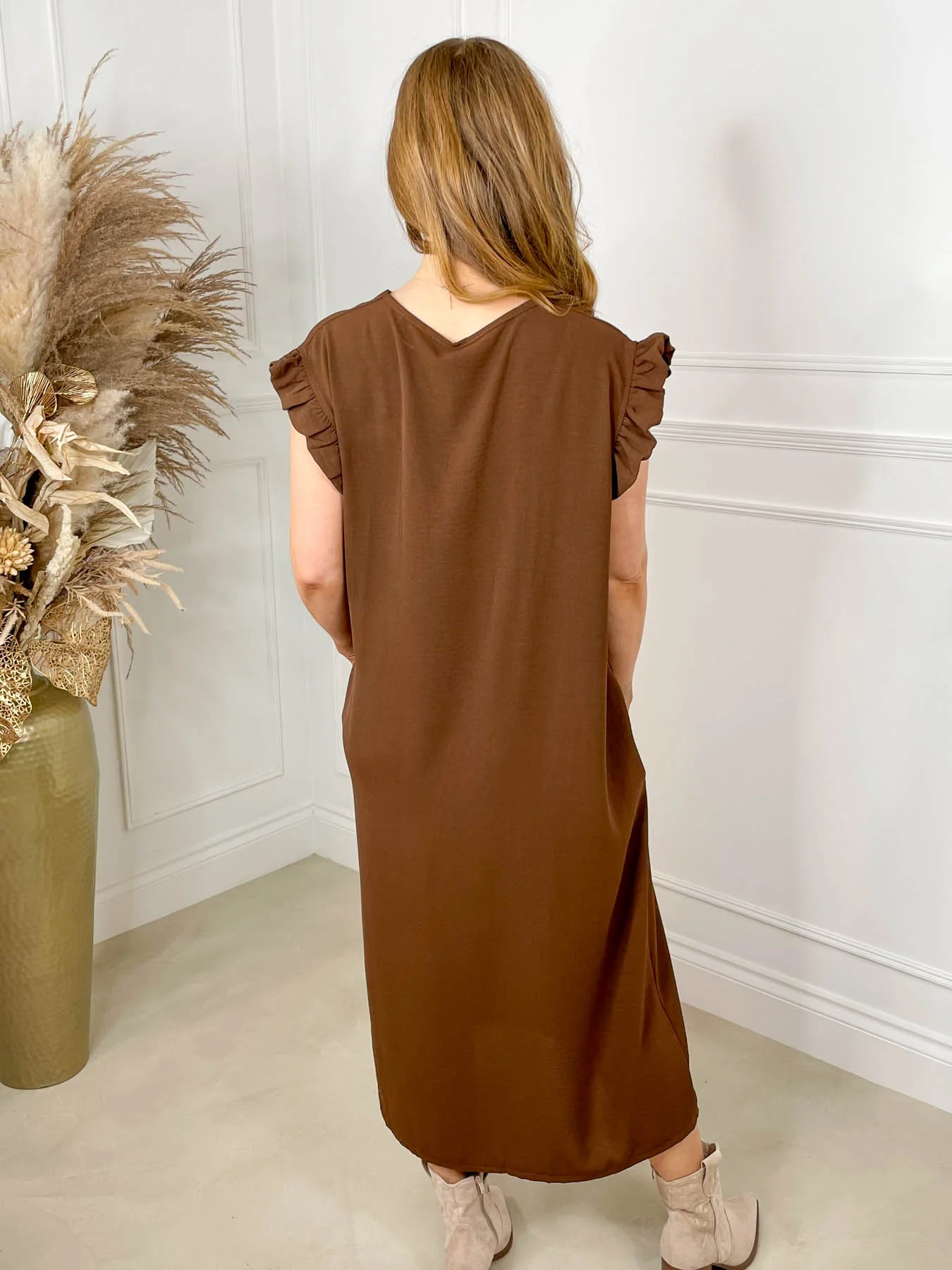 Clara Frill Sleeve Dress -Chocolate - Image 3