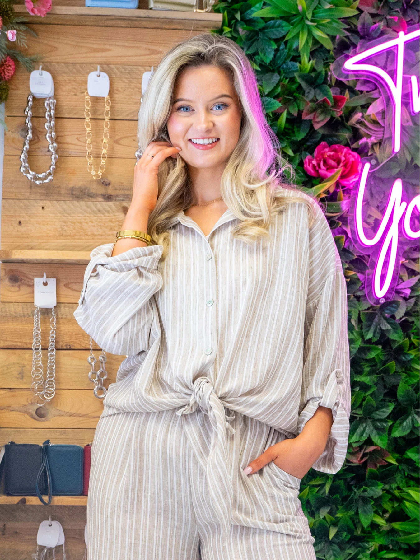 Cosima Tie Front Shirt - Beige Stripe