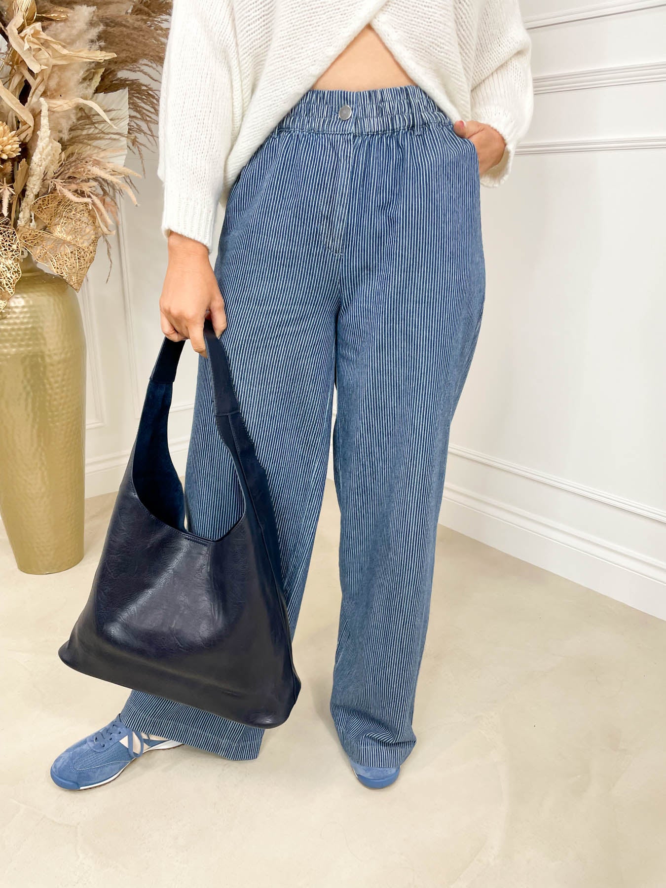 Fifi Wide Leg Trousers - Blue Stripe Denim by Sugarhill Brighton - Image 2