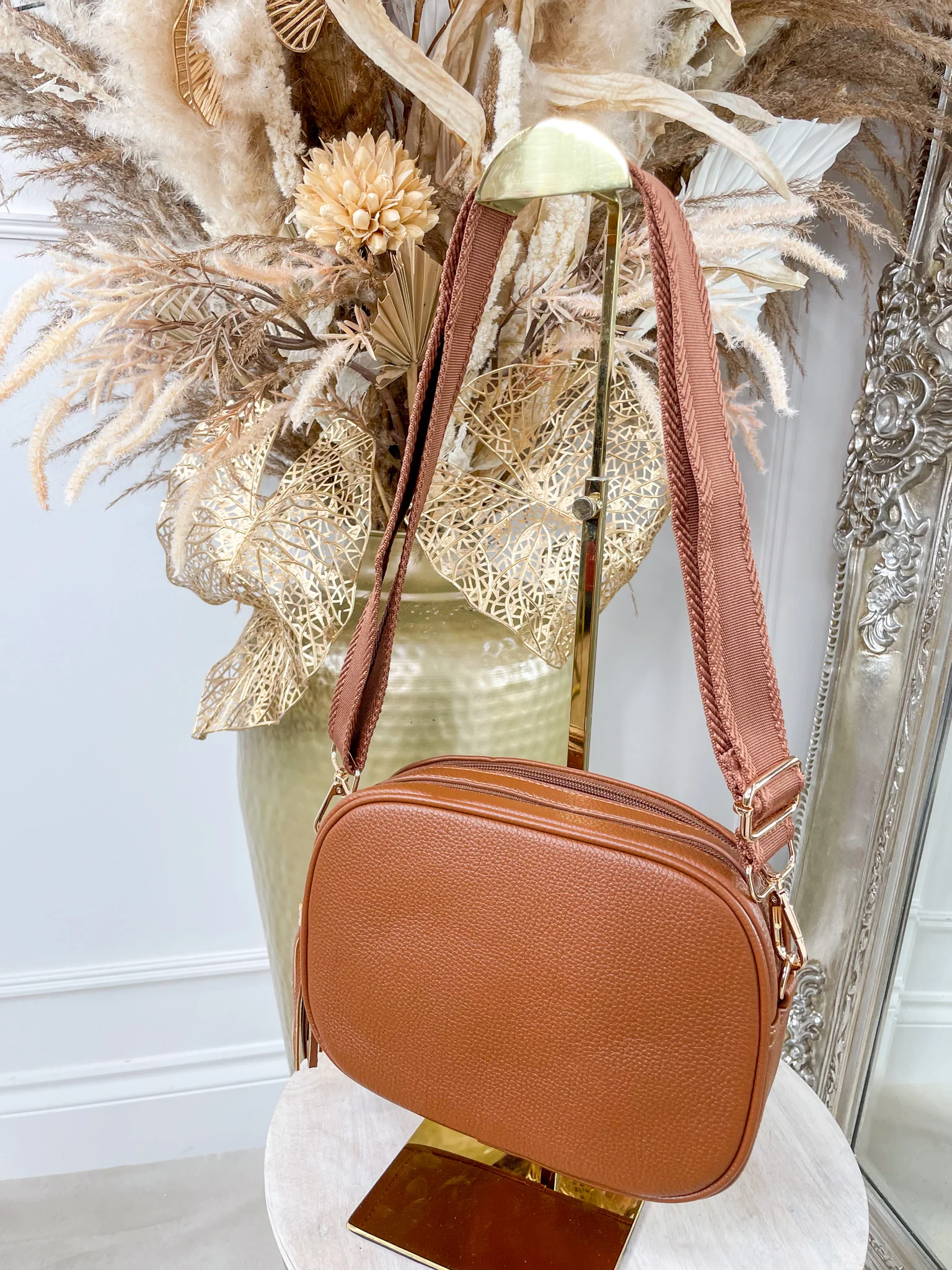 Lucy Double Zip Crossbody Bag - Tan - Image 3