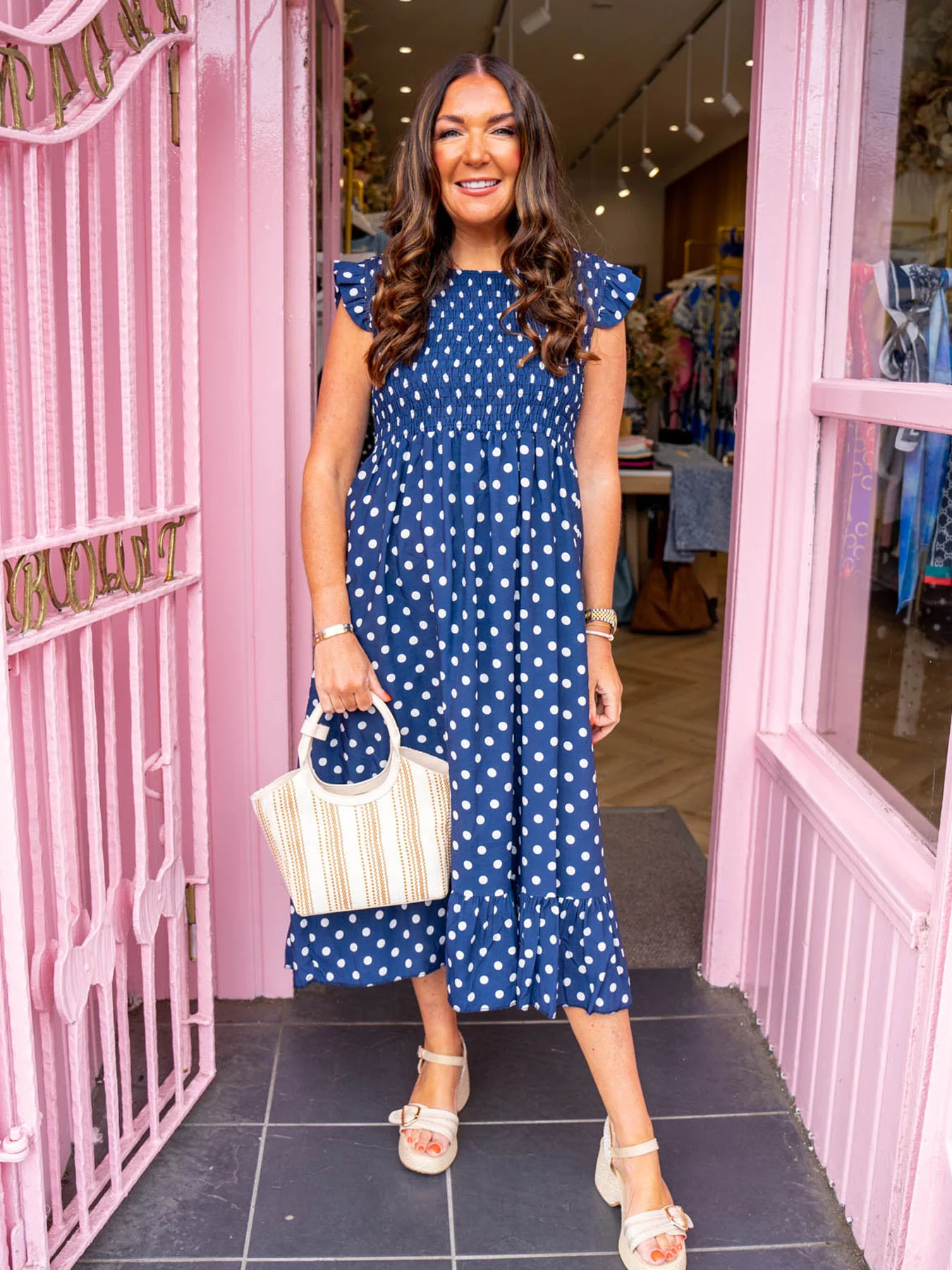 Maisie Polka Dot Shirred Midi Dress - Navy