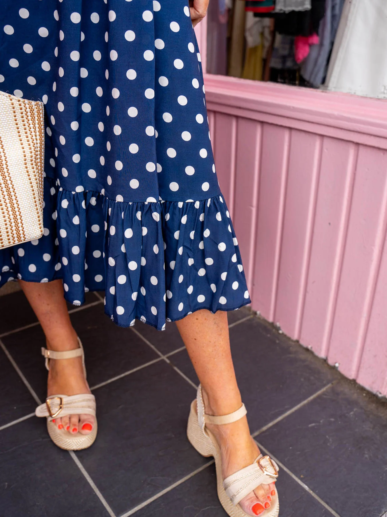Maisie Polka Dot Shirred Midi Dress - Navy - Image 4