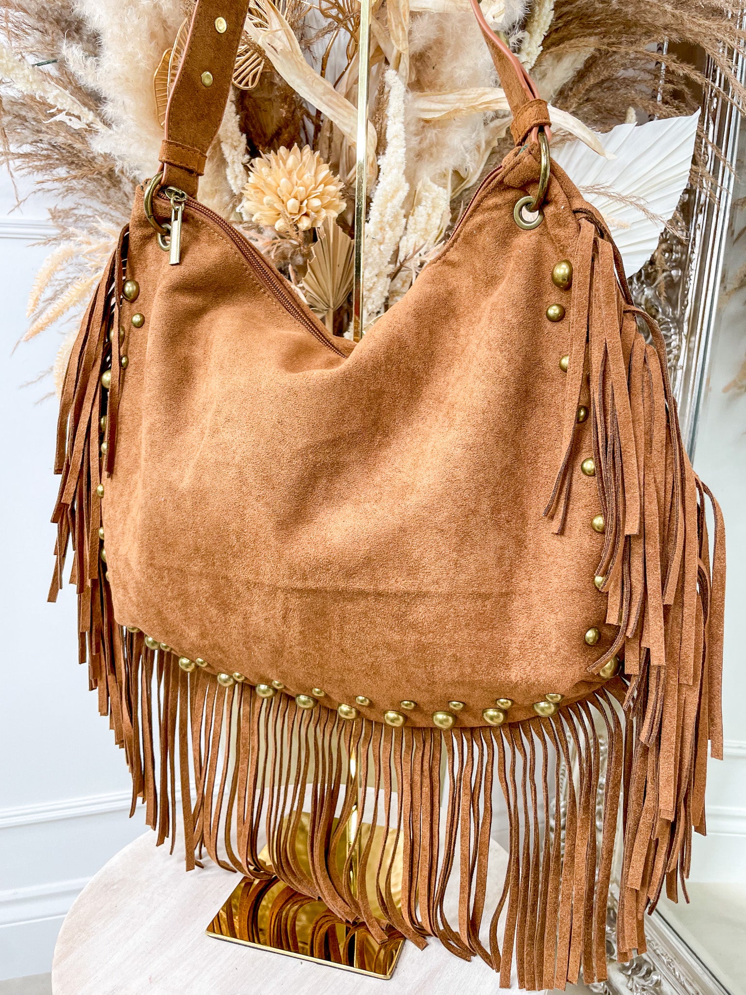 Savi Suedette Fringe Bag - Tan - Image 2